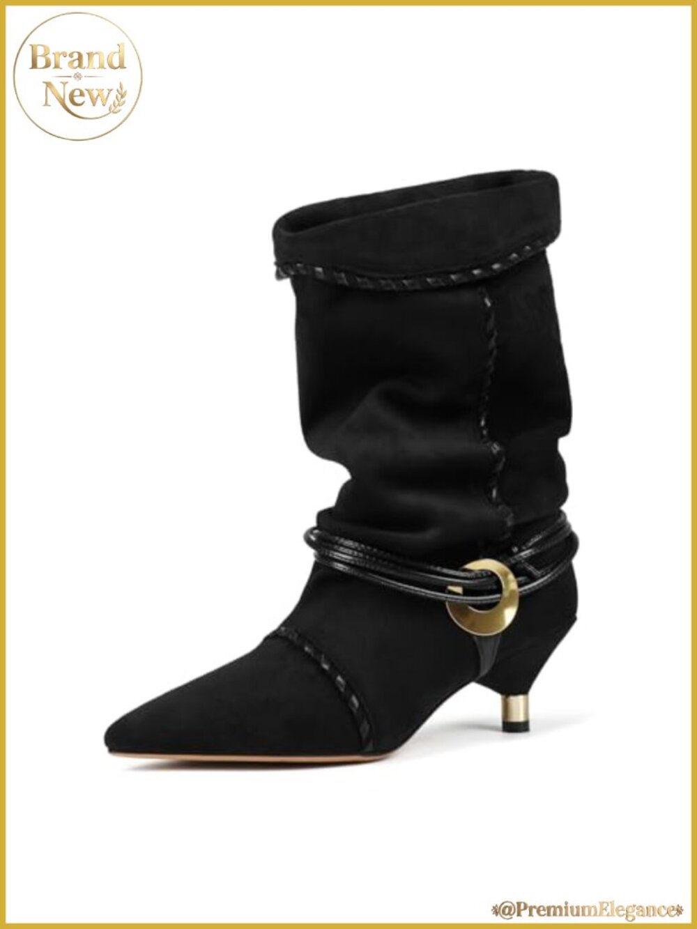 Slouchy Kitten Heel Boots Women Pointed Toe Pull-On Mid-Calf 2.5 Inch Heel